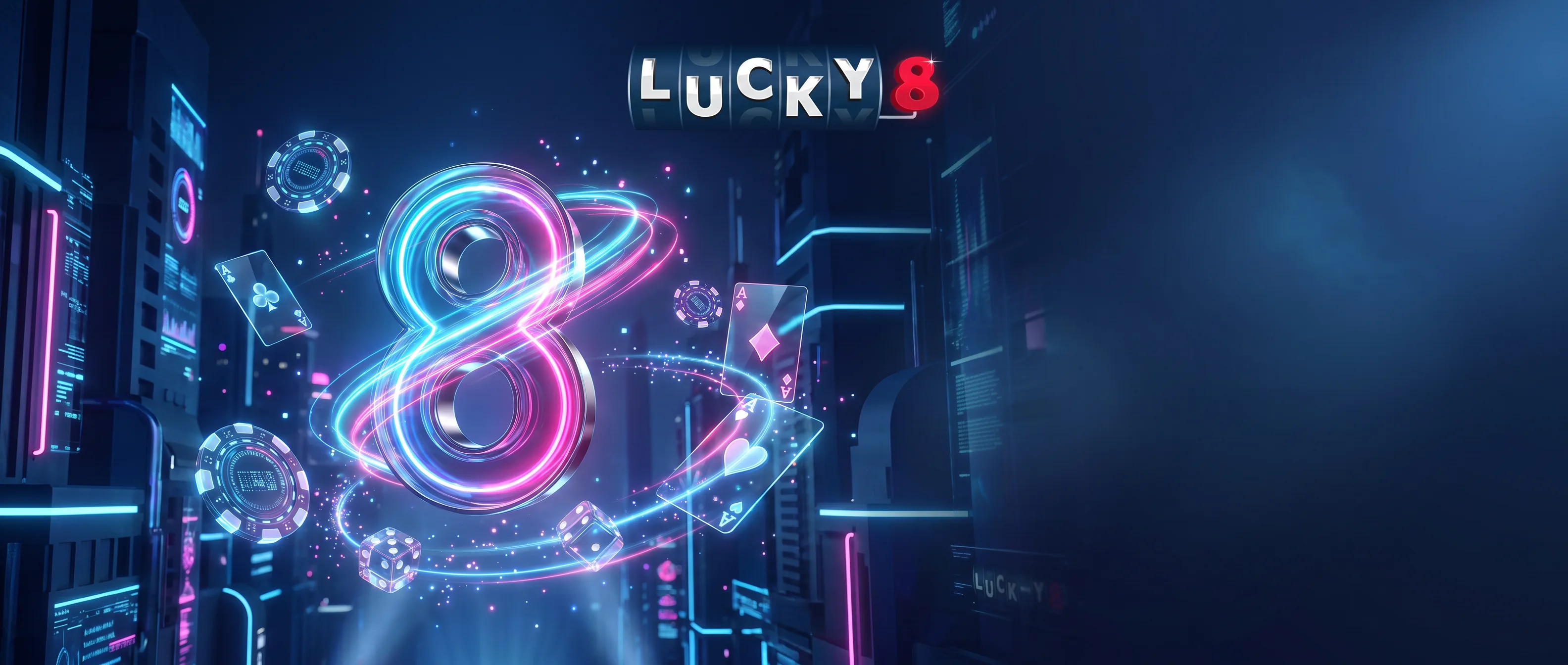 Chiffre huit lumineux dans un univers de casino néon Lucky8